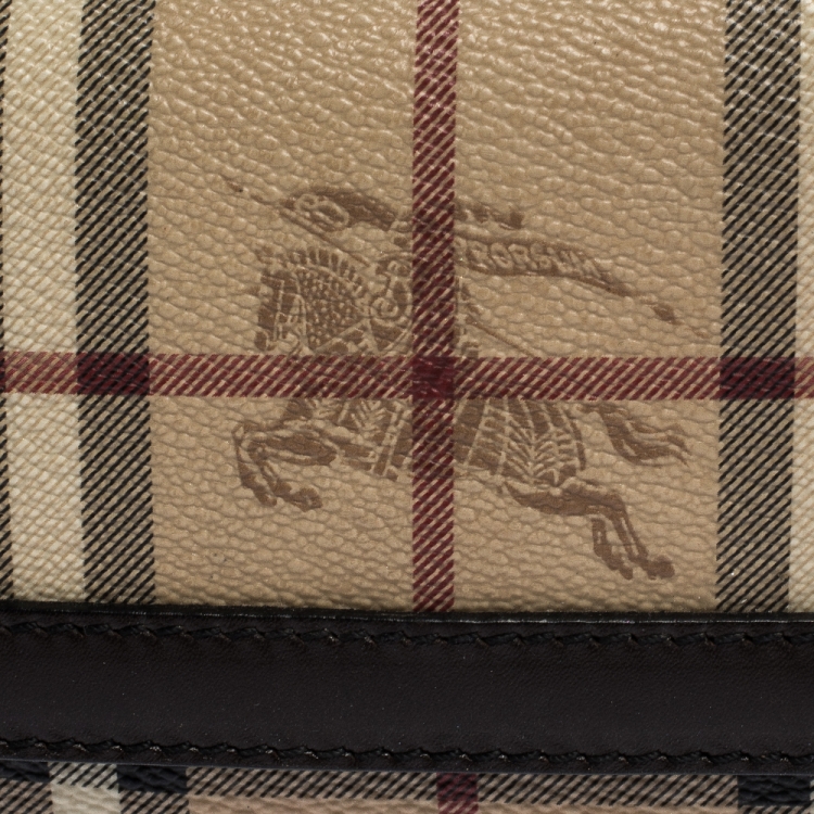 Pre Owned Burberry Beige/Brown Haymarket Check Coated Canvas and Leather Flap Pochette Bag