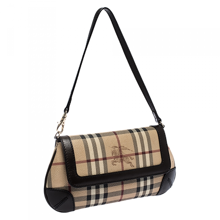 Pre Owned Burberry Beige/Brown Haymarket Check Coated Canvas and Leather Flap Pochette Bag