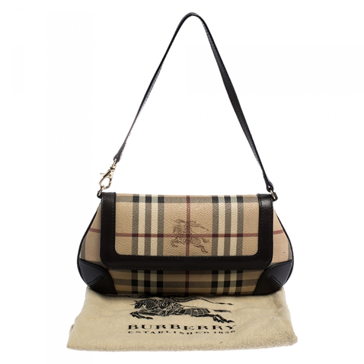 Pre Owned Burberry Beige/Brown Haymarket Check Coated Canvas and Leather Flap Pochette Bag