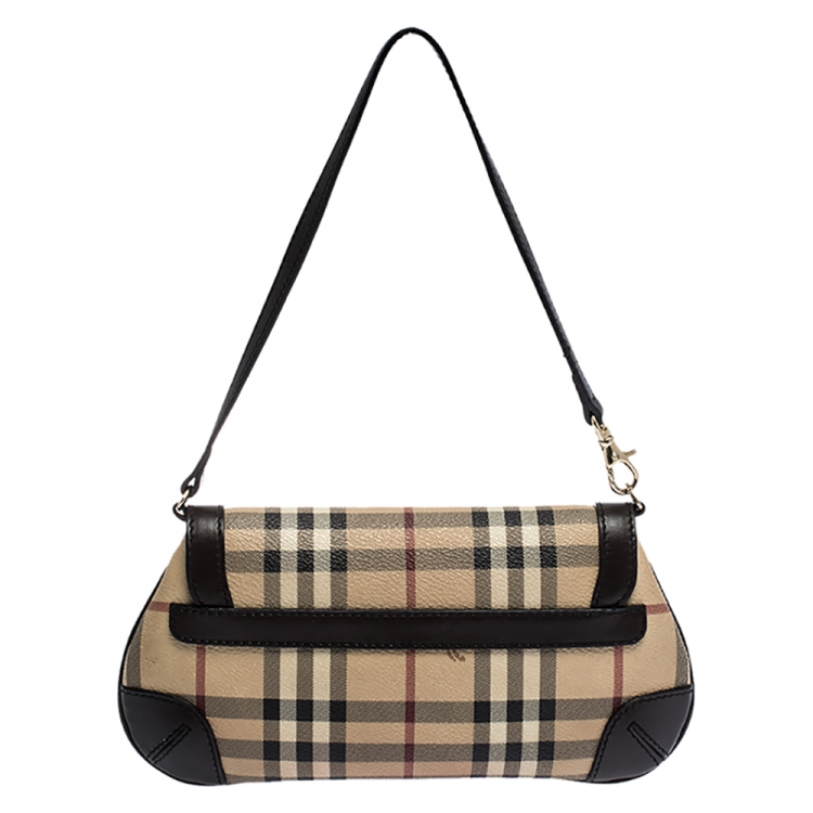 Pre Owned Burberry Beige/Brown Haymarket Check Coated Canvas and Leather Flap Pochette Bag