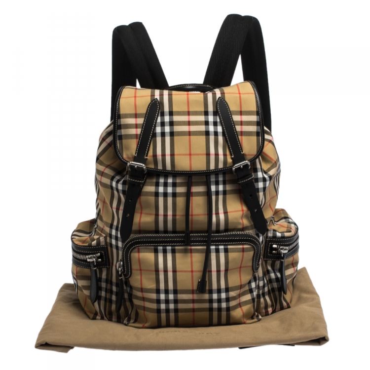 Pre Owned Burberry Beige/Black House Check Canvas and Leather Rucksack Backpack
