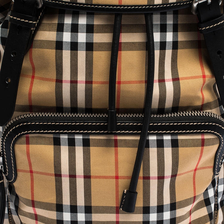 Pre Owned Burberry Beige/Black House Check Canvas and Leather Rucksack Backpack