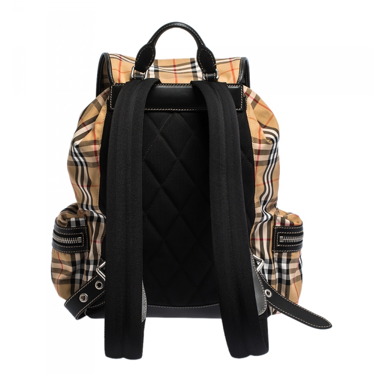 Pre Owned Burberry Beige/Black House Check Canvas and Leather Rucksack Backpack