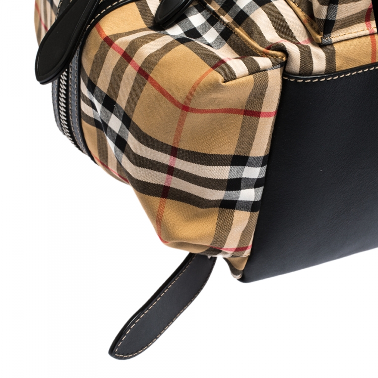 Pre Owned Burberry Beige/Black House Check Canvas and Leather Rucksack Backpack