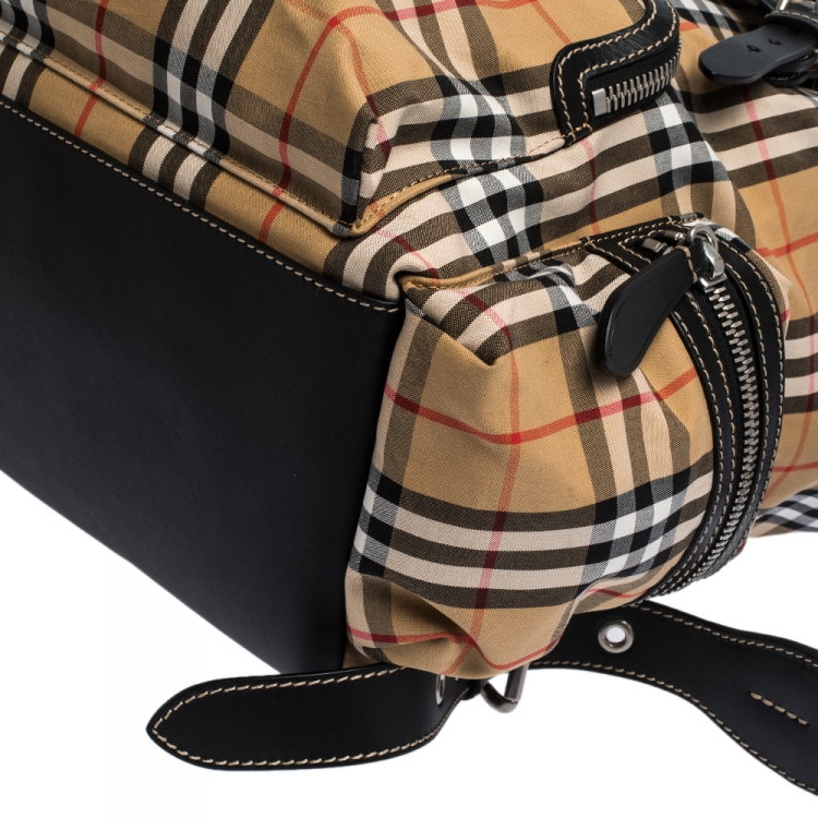 Pre Owned Burberry Beige/Black House Check Canvas and Leather Rucksack Backpack