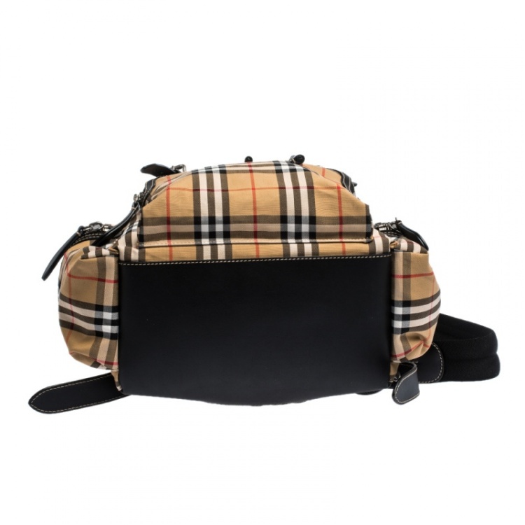 Pre Owned Burberry Beige/Black House Check Canvas and Leather Rucksack Backpack
