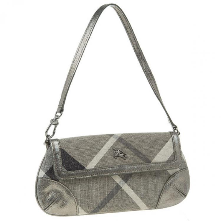 Pre Owned Burberry Grey Shimmer Check Wristlet