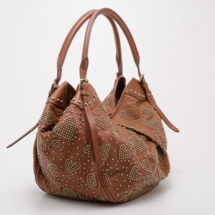 Pre Owned Burberry Tan Leather Studded Heart Bag 