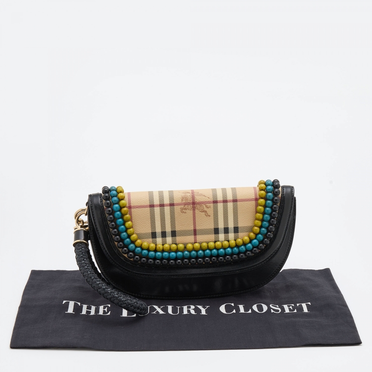 Pre Owned Burberry Multicolor Haymarket Check Canvas and Leather Embellished Wristlet Clutch