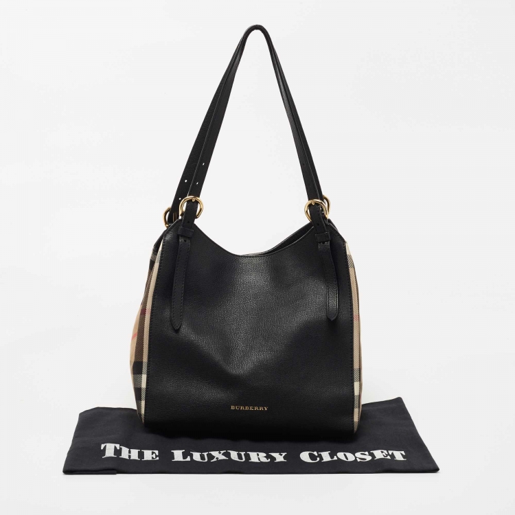 Pre Owned Burberry Black/Beige House Check Canvas and Leather Small Canterbury Tote