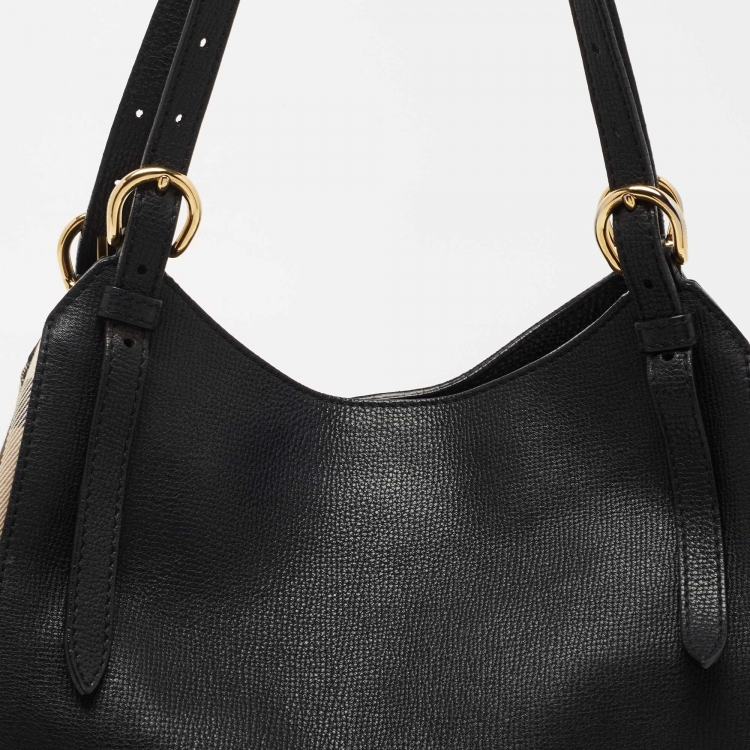 Pre Owned Burberry Black/Beige House Check Canvas and Leather Small Canterbury Tote