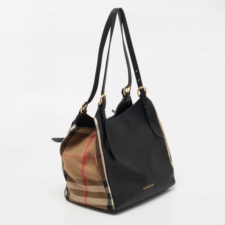 Pre Owned Burberry Black/Beige House Check Canvas and Leather Small Canterbury Tote