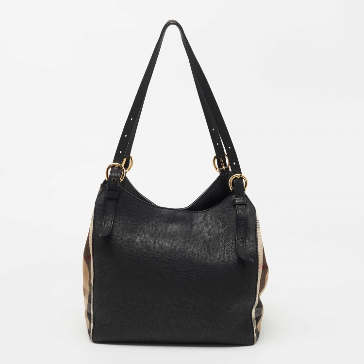 Pre Owned Burberry Black/Beige House Check Canvas and Leather Small Canterbury Tote