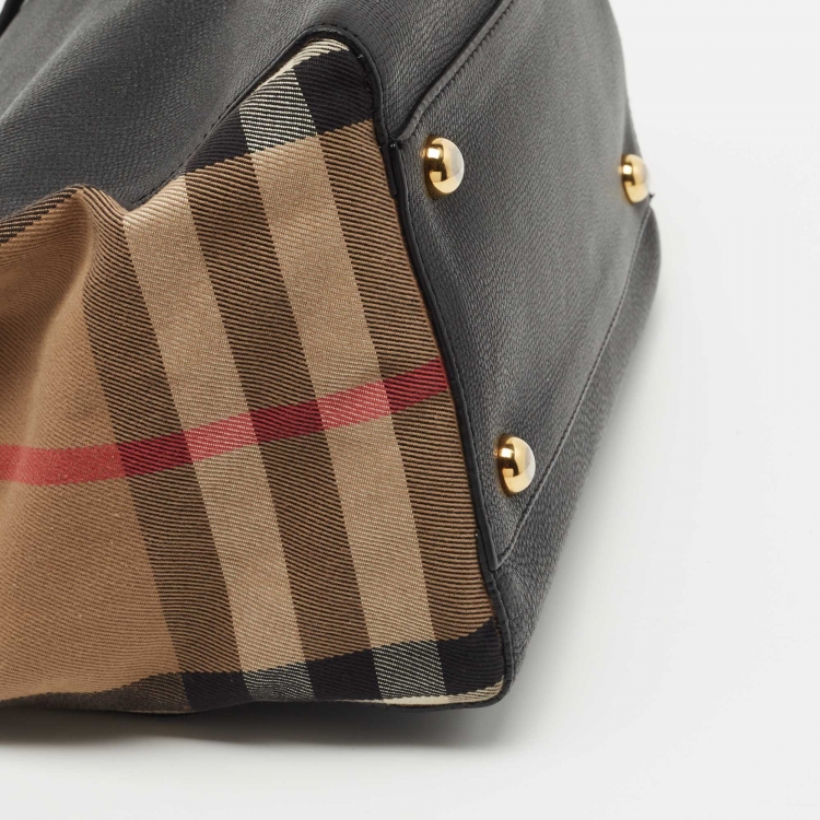 Pre Owned Burberry Black/Beige House Check Canvas and Leather Small Canterbury Tote