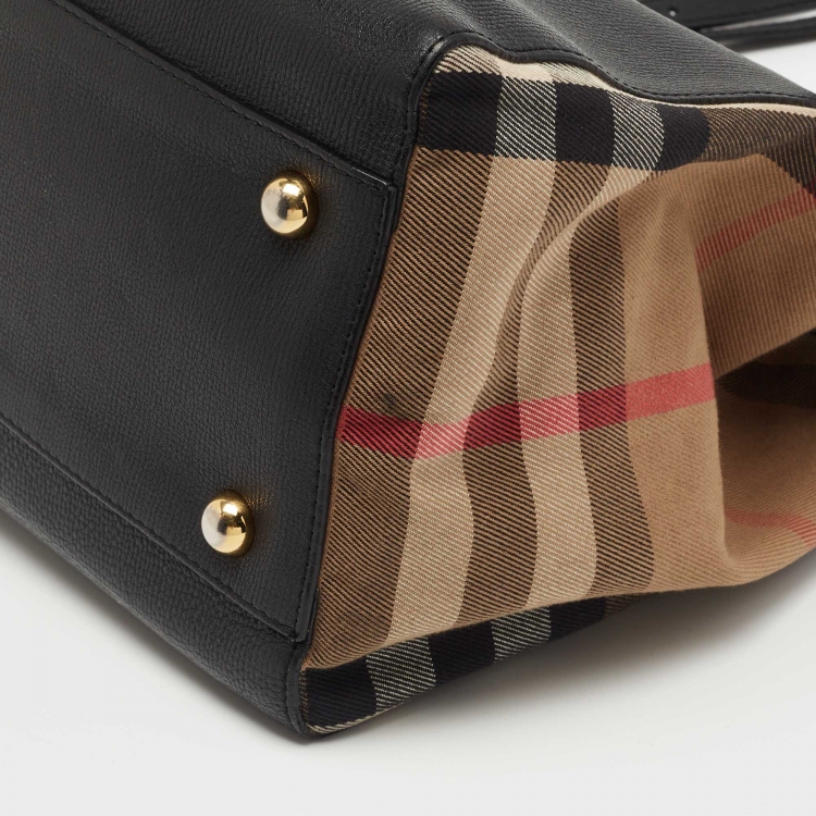 Pre Owned Burberry Black/Beige House Check Canvas and Leather Small Canterbury Tote