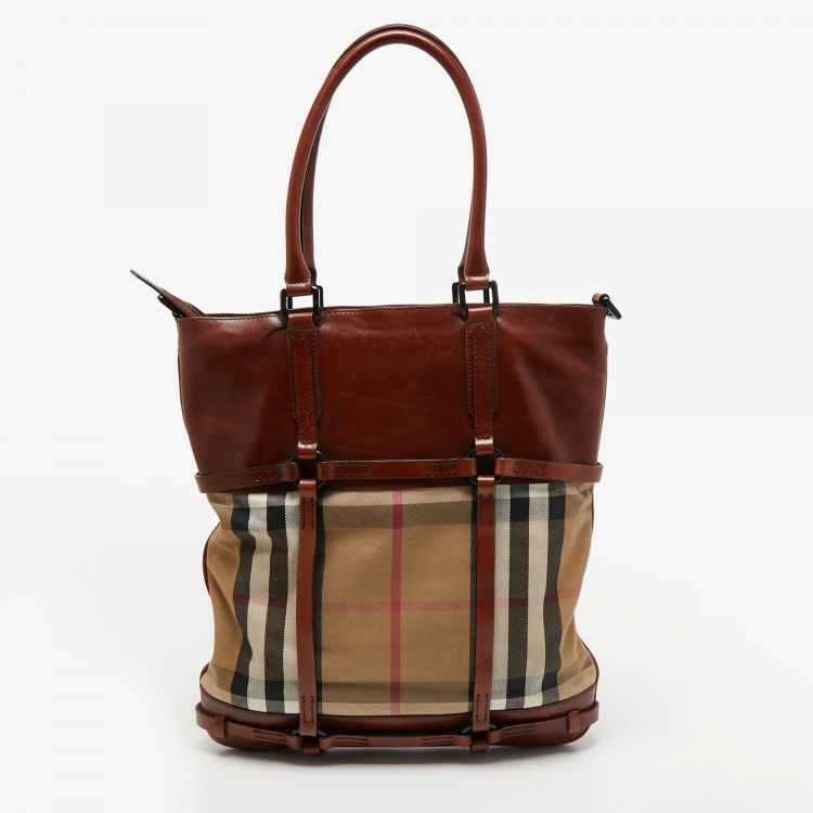 Pre Owned Burberry Brown Housecheck Canvas and Leather Slim Tote