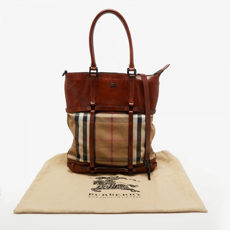 Pre Owned Burberry Brown Housecheck Canvas and Leather Slim Tote