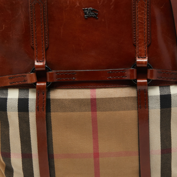 Pre Owned Burberry Brown Housecheck Canvas and Leather Slim Tote