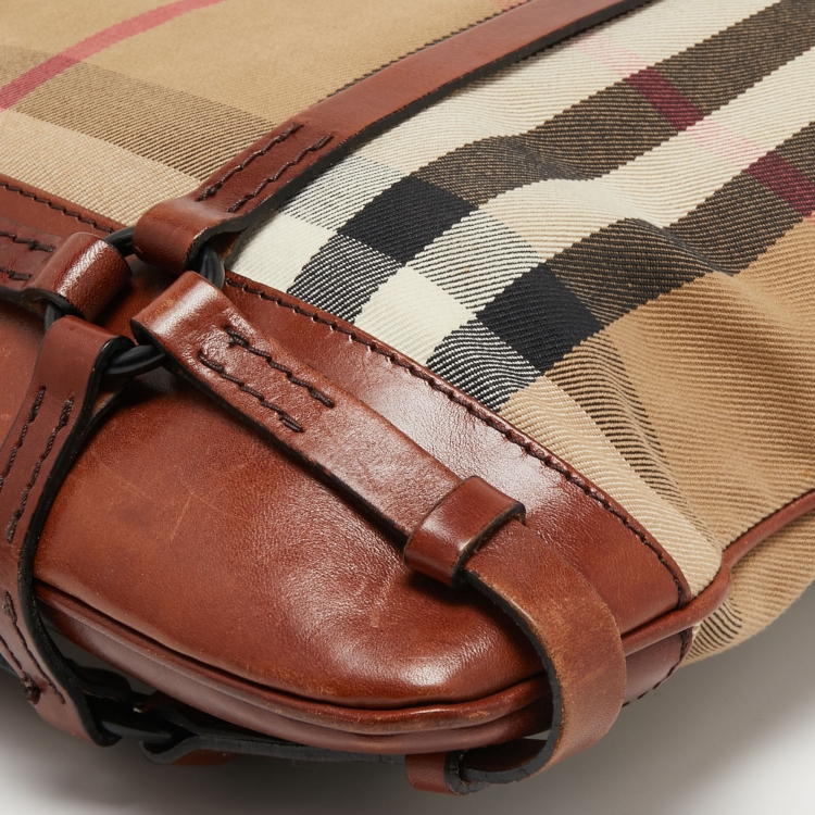 Pre Owned Burberry Brown Housecheck Canvas and Leather Slim Tote