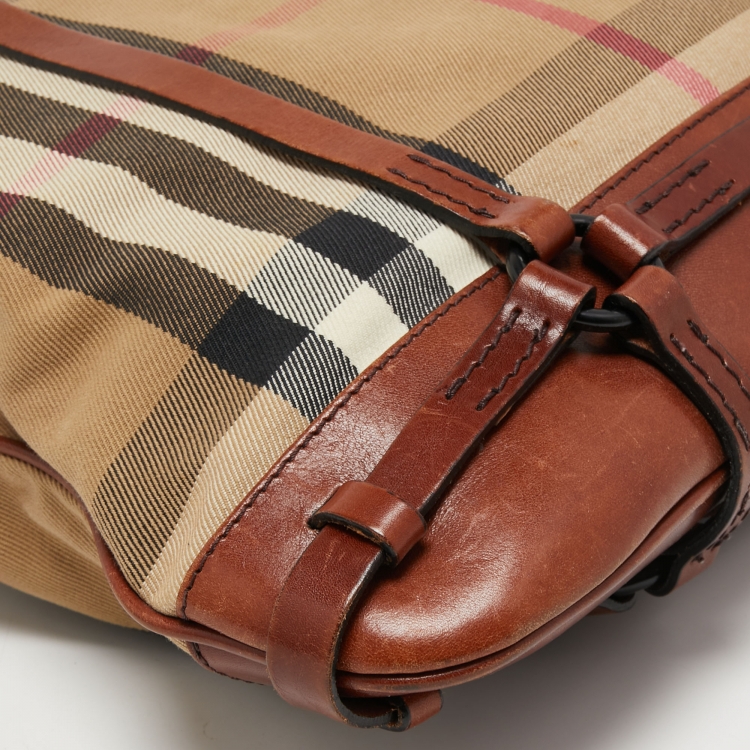 Pre Owned Burberry Brown Housecheck Canvas and Leather Slim Tote