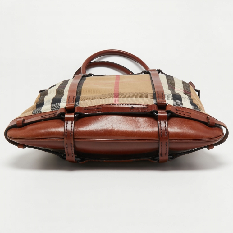 Pre Owned Burberry Brown Housecheck Canvas and Leather Slim Tote