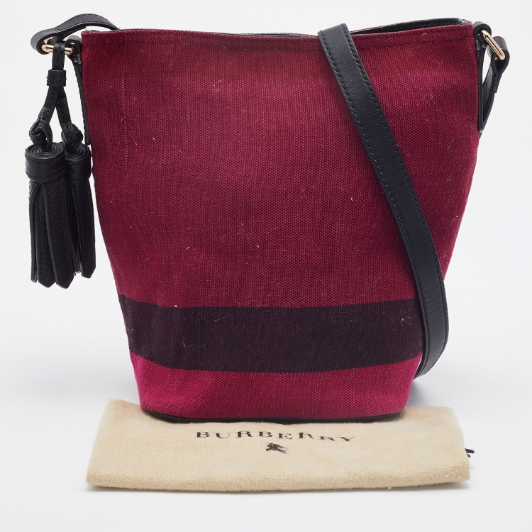 Pre Owned Burberry Maroon/Black Canvas and Leather Tassel Ashby Bucket Bag