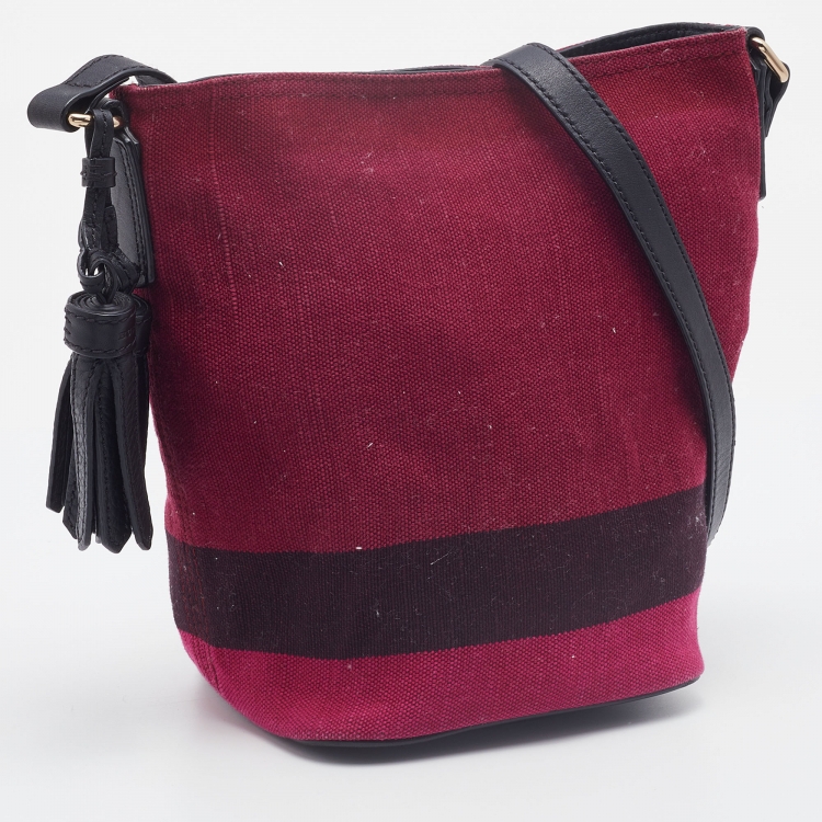 Pre Owned Burberry Maroon/Black Canvas and Leather Tassel Ashby Bucket Bag
