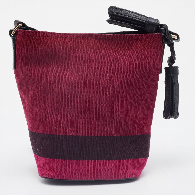 Pre Owned Burberry Maroon/Black Canvas and Leather Tassel Ashby Bucket Bag
