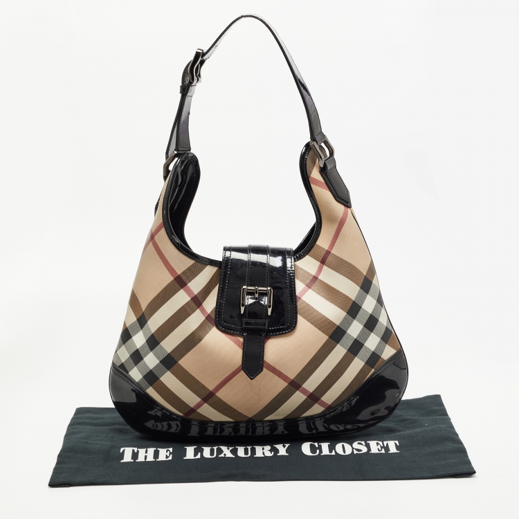 Pre Owned Burberry Black/Beige Nova Check PVC and Patent Leather Brooke Hobo