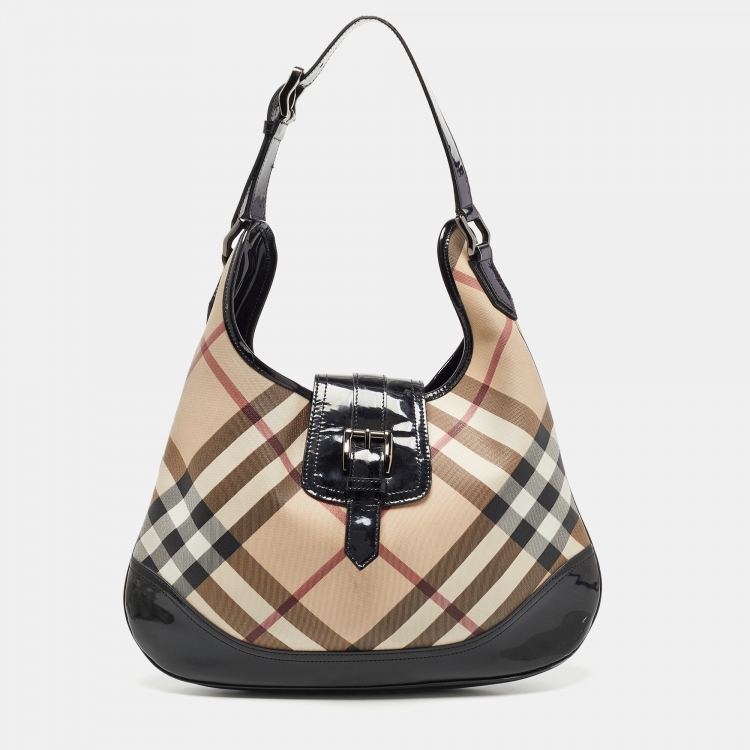 Pre Owned Burberry Black/Beige Nova Check PVC and Patent Leather Brooke Hobo