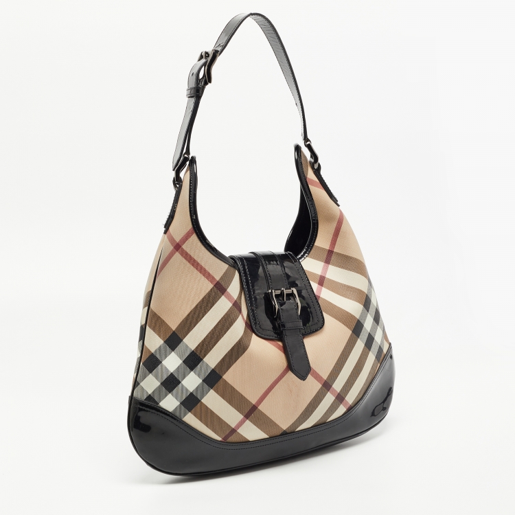 Pre Owned Burberry Black/Beige Nova Check PVC and Patent Leather Brooke Hobo