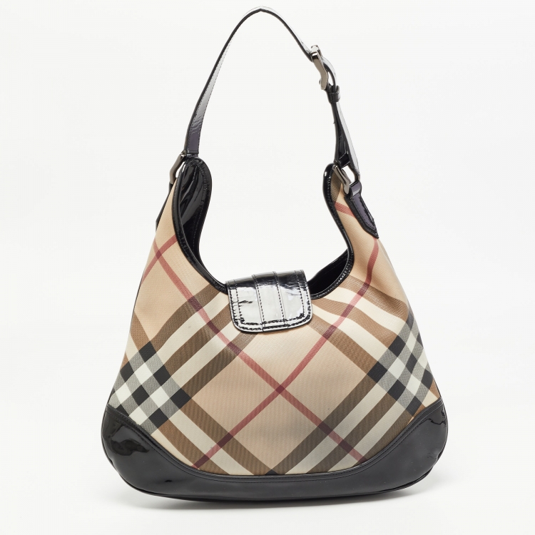 Pre Owned Burberry Black/Beige Nova Check PVC and Patent Leather Brooke Hobo