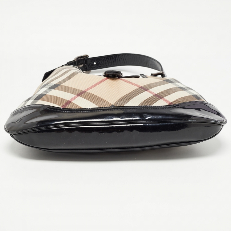 Pre Owned Burberry Black/Beige Nova Check PVC and Patent Leather Brooke Hobo