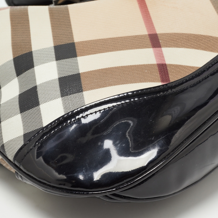 Pre Owned Burberry Black/Beige Nova Check PVC and Patent Leather Brooke Hobo