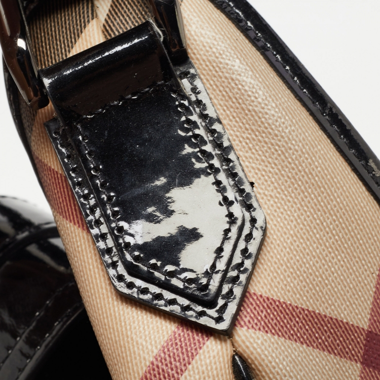 Pre Owned Burberry Black/Beige Nova Check PVC and Patent Leather Brooke Hobo