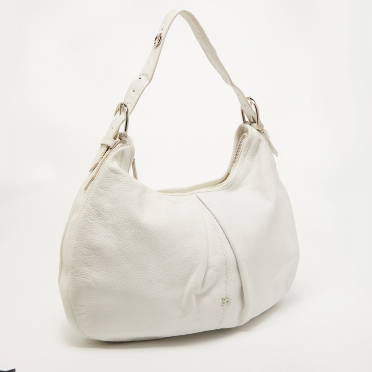 Pre Owned Burberry White Leather Buckle Handle Hobo