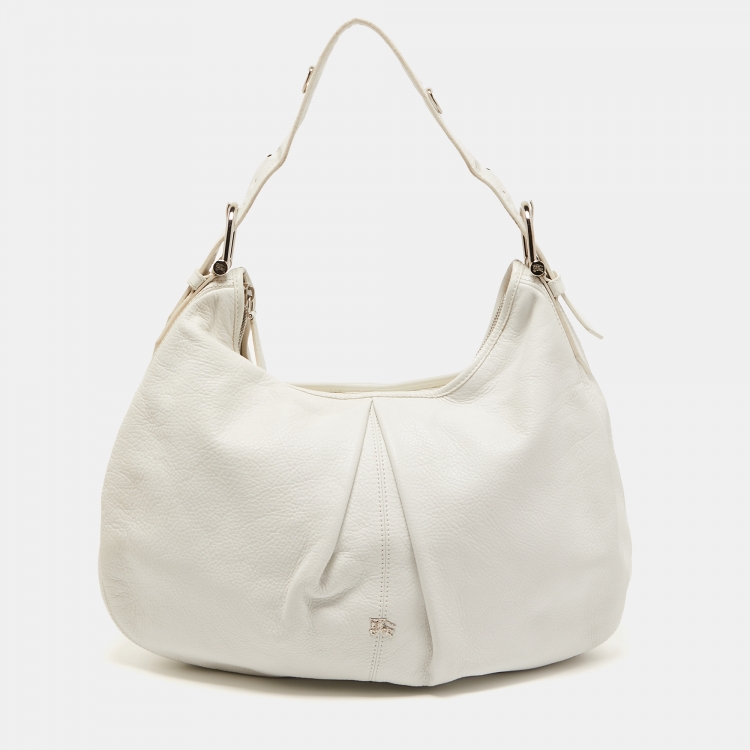 Pre Owned Burberry White Leather Buckle Handle Hobo