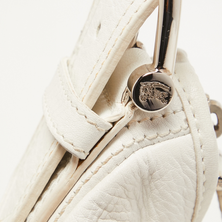 Pre Owned Burberry White Leather Buckle Handle Hobo