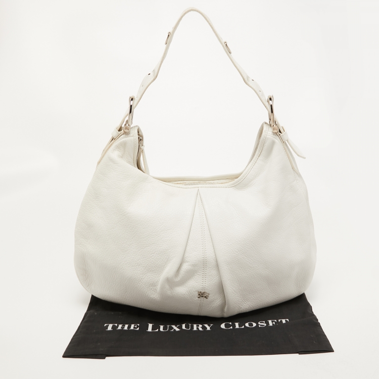 Pre Owned Burberry White Leather Buckle Handle Hobo