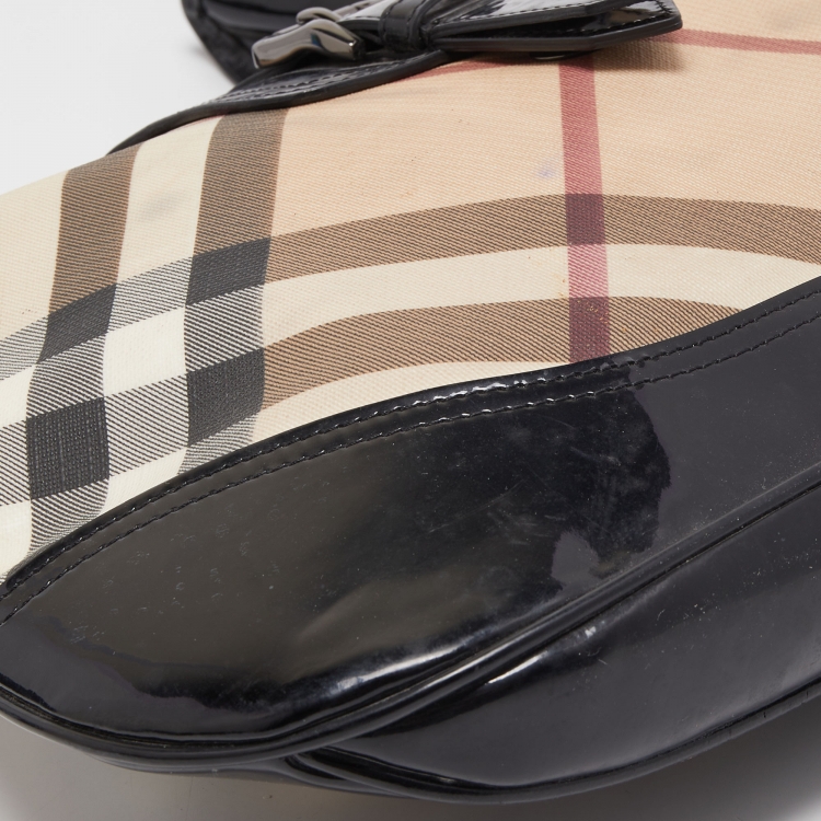 Pre Owned Burberry Black/Beige Nova Check PVC and Patent Leather Brooke Hobo