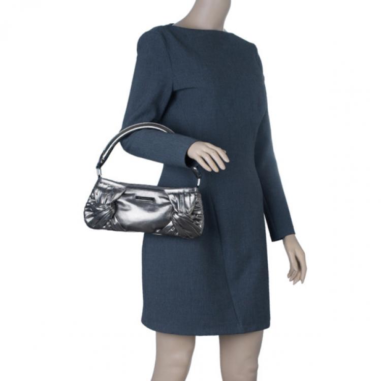 Pre Owned Burberry Silver Metallic Calfskin Mini Sling Bag
