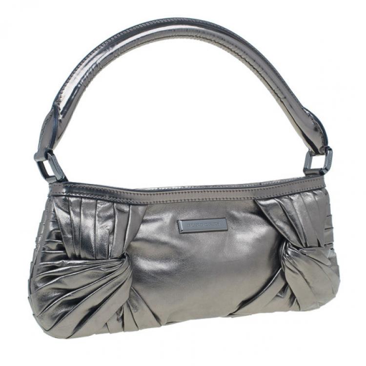 Pre Owned Burberry Silver Metallic Calfskin Mini Sling Bag