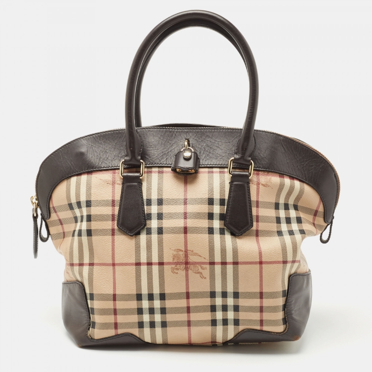 Pre Owned Burberry Brown/Beige Haymarket Check PVC and Leather Primrose Satchel
