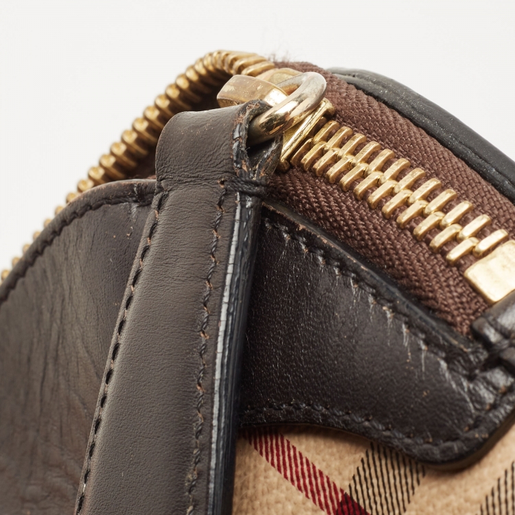 Pre Owned Burberry Brown/Beige Haymarket Check PVC and Leather Primrose Satchel