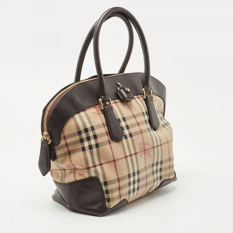 Pre Owned Burberry Brown/Beige Haymarket Check PVC and Leather Primrose Satchel