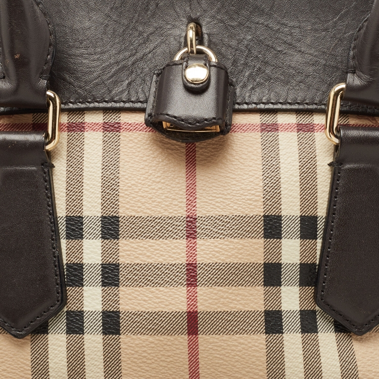 Pre Owned Burberry Brown/Beige Haymarket Check PVC and Leather Primrose Satchel