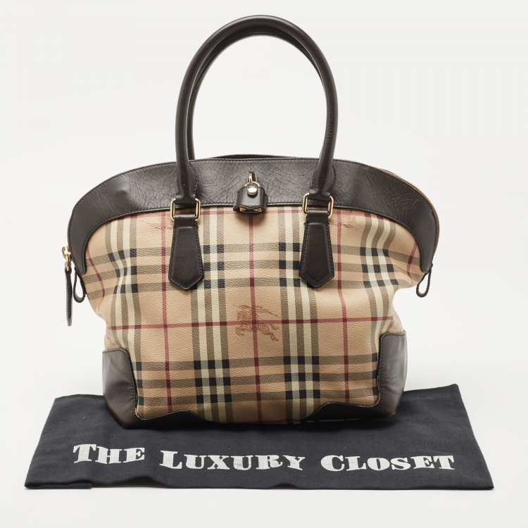 Pre Owned Burberry Brown/Beige Haymarket Check PVC and Leather Primrose Satchel