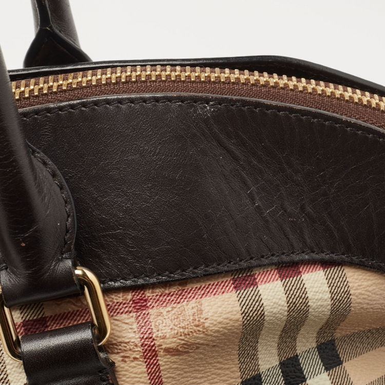 Pre Owned Burberry Brown/Beige Haymarket Check PVC and Leather Primrose Satchel