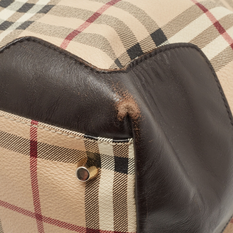 Pre Owned Burberry Brown/Beige Haymarket Check PVC and Leather Primrose Satchel