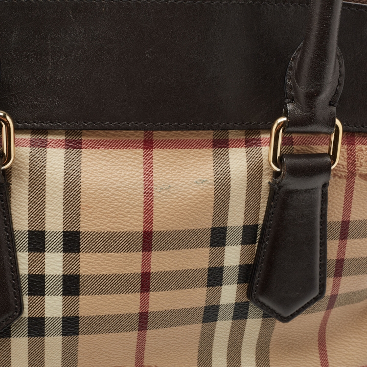 Pre Owned Burberry Brown/Beige Haymarket Check PVC and Leather Primrose Satchel